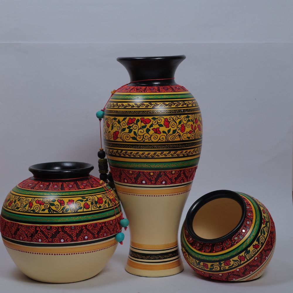 Handcrafted Tribal Artwork Pot Set in Vibrant Multicolor Terracotta Finish