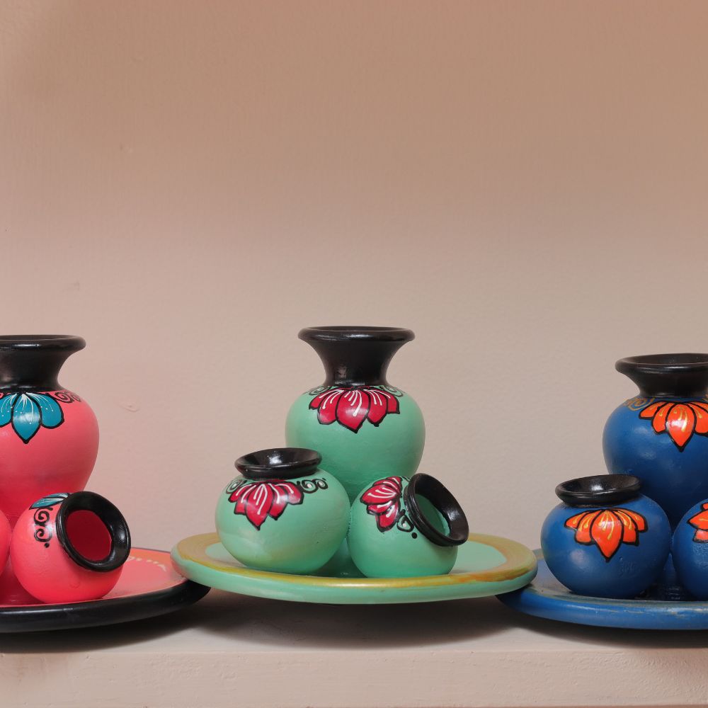 Hand-Painted Mini Pot Plate Set in Bright Multicolor Terracotta
