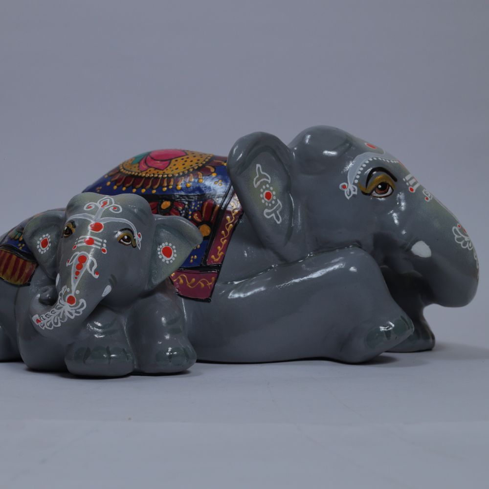 Handcrafted Painted Elephant With Calves Terracotta Figurine For Home Decor