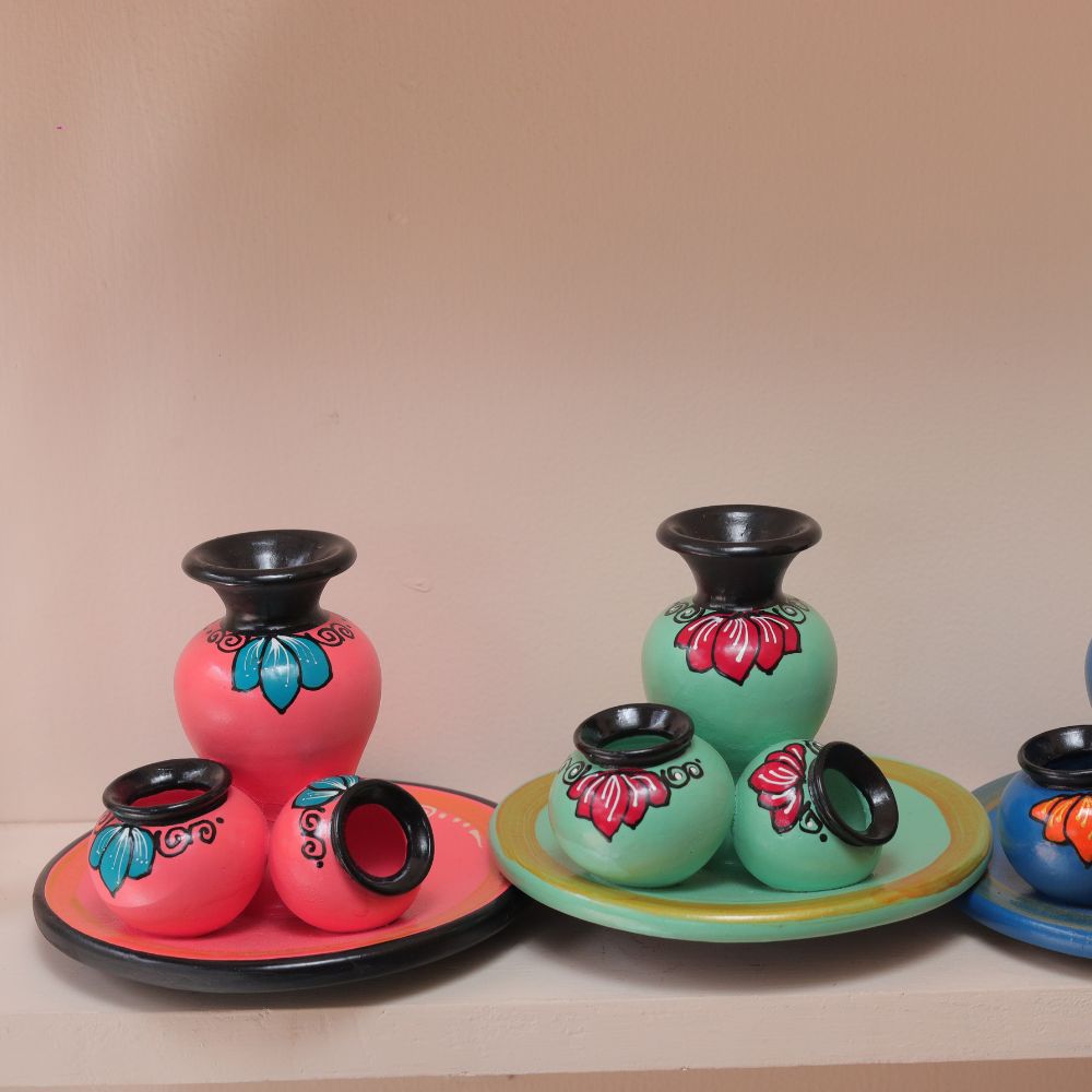 Hand-Painted Mini Pot Plate Set in Bright Multicolor Terracotta