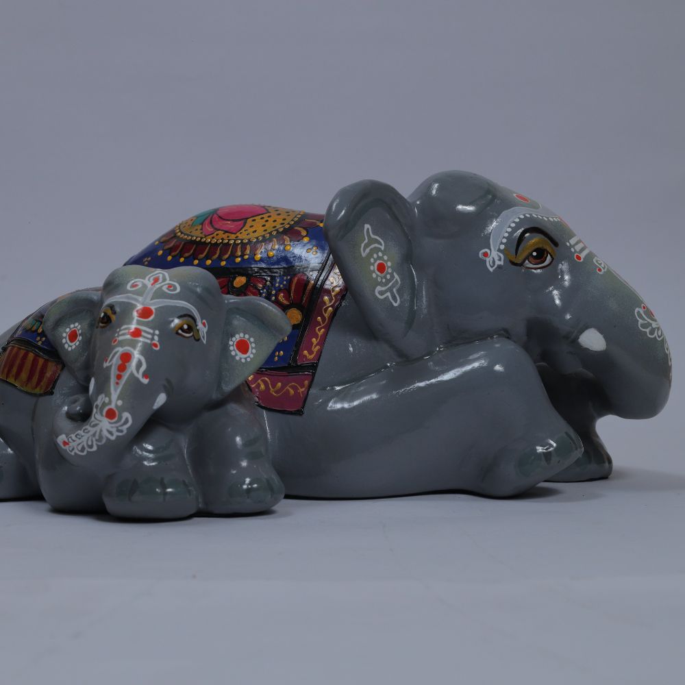Handcrafted Painted Elephant With Calves Terracotta Figurine For Home Decor