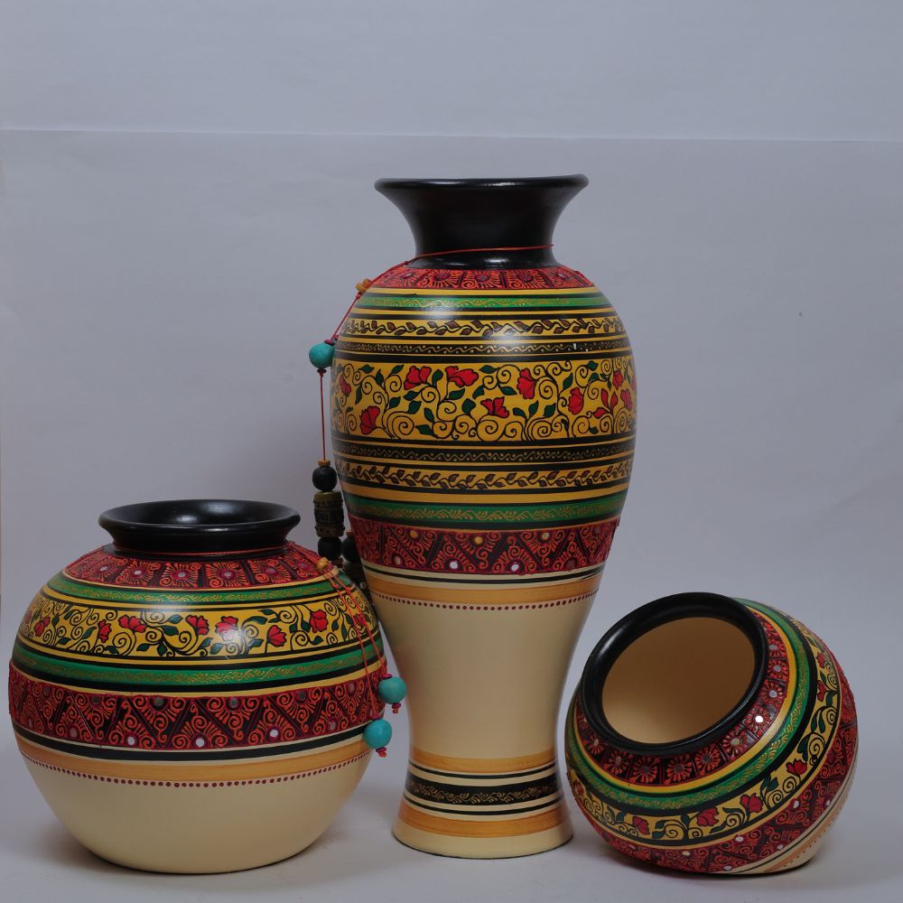 Handcrafted Tribal Artwork Pot Set in Vibrant Multicolor Terracotta Finish