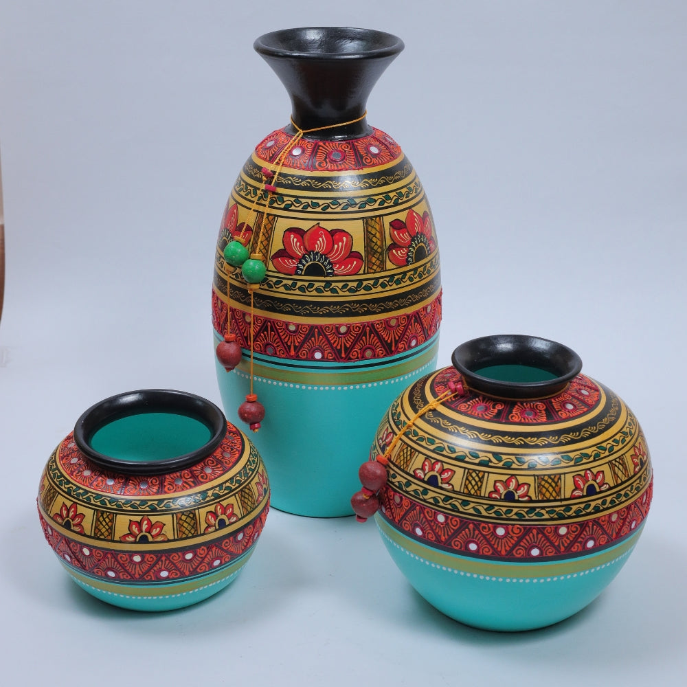 Hand-Painted Terracotta Pot Set with Floral Motifs and Beaded Accents
