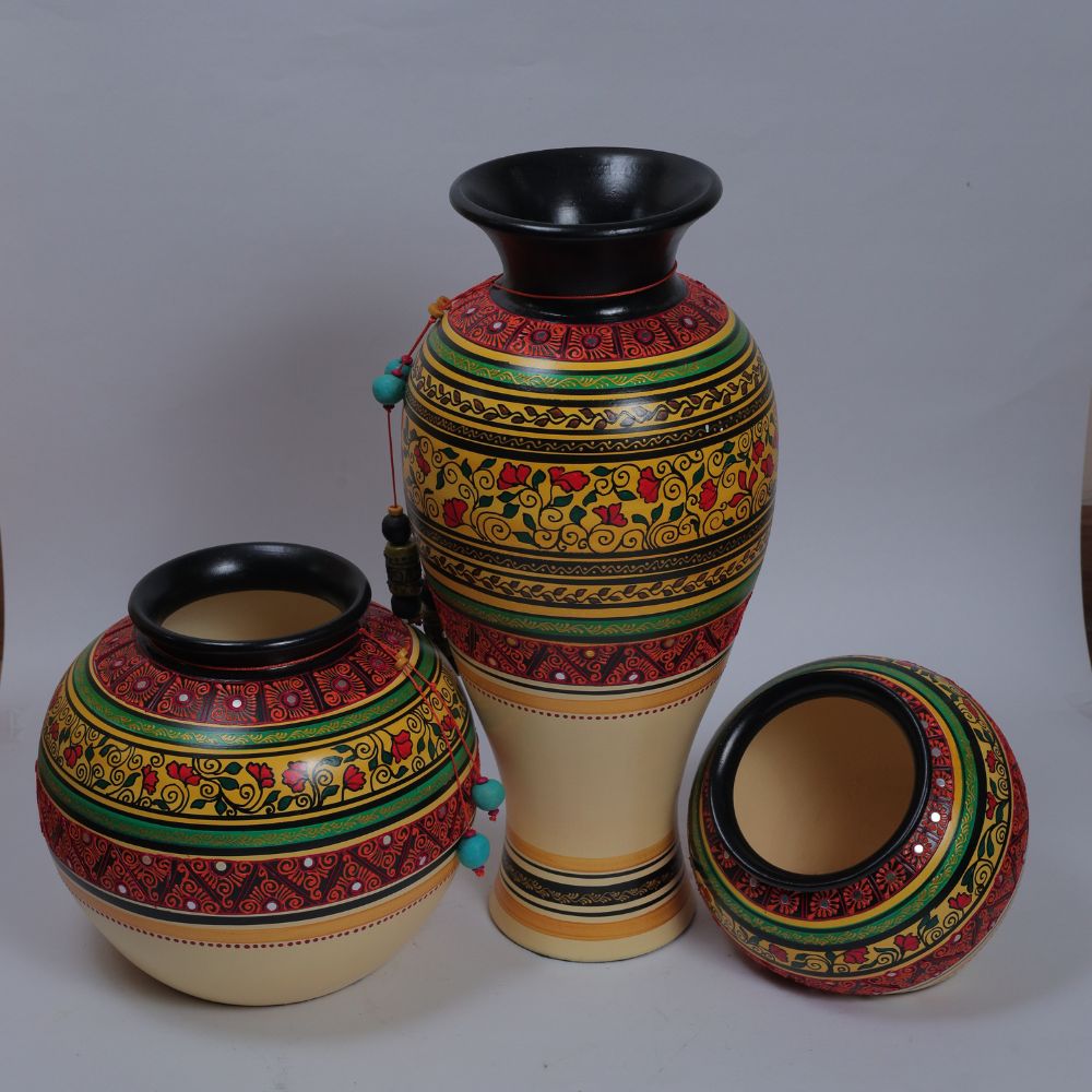 Handcrafted Tribal Artwork Pot Set in Vibrant Multicolor Terracotta Finish