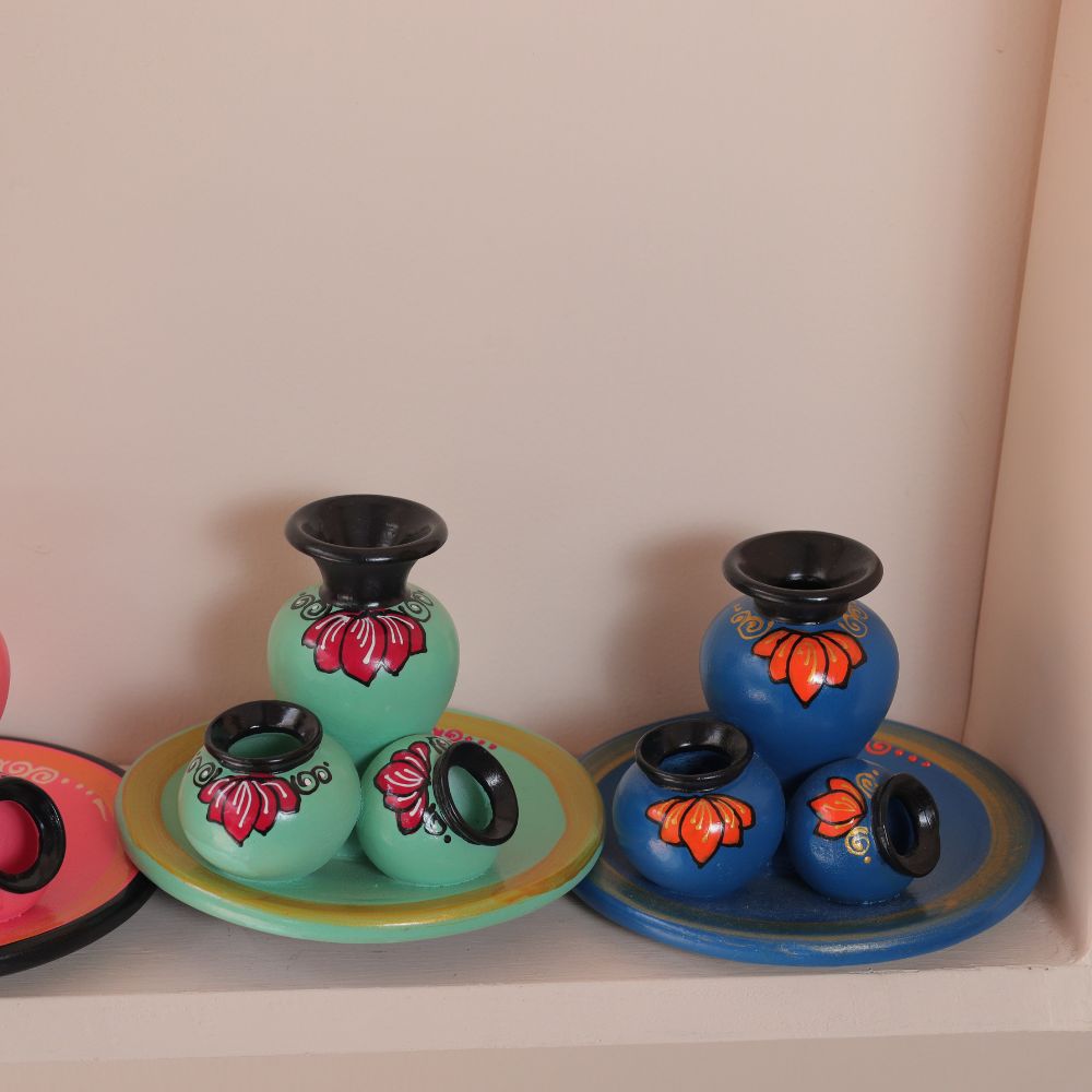 Hand-Painted Mini Pot Plate Set in Bright Multicolor Terracotta