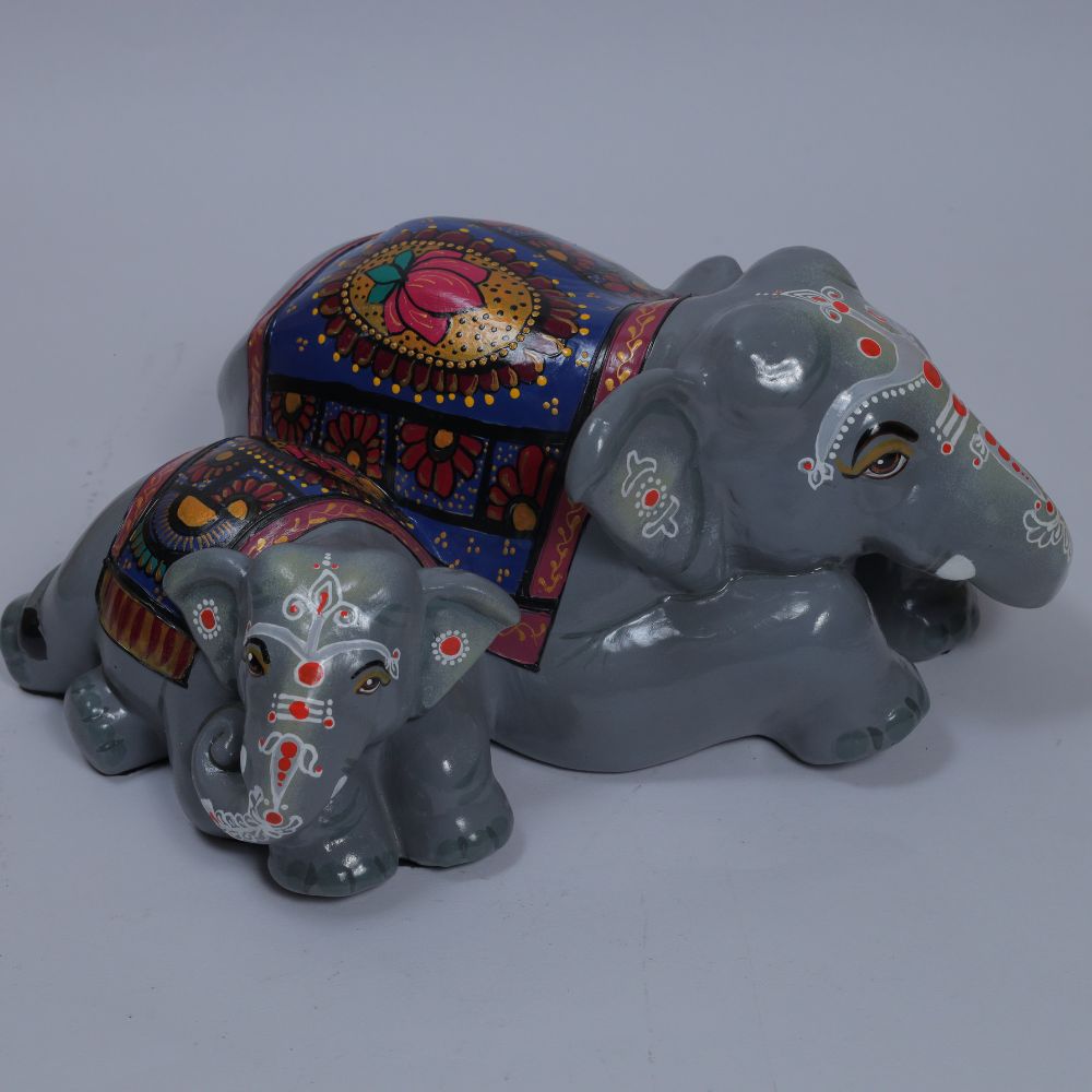 Handcrafted Painted Elephant With Calves Terracotta Figurine For Home Decor