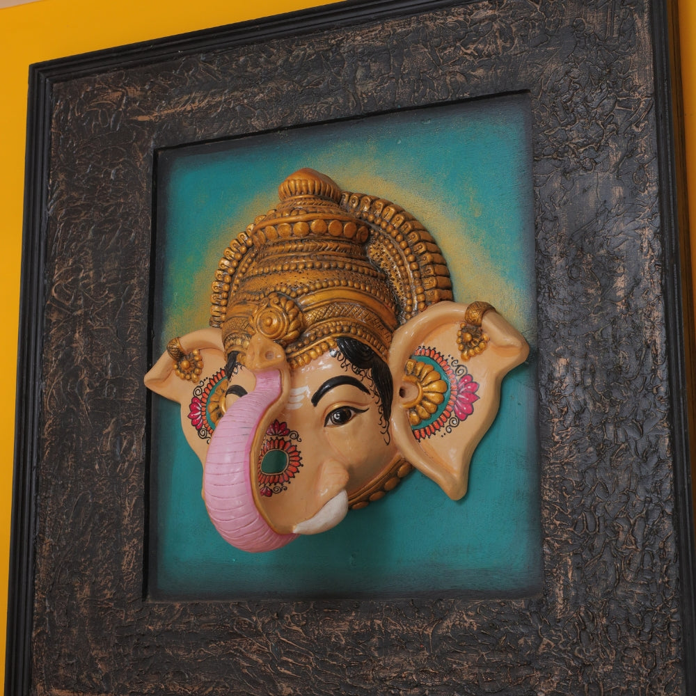 Handcrafted Framed Ganesh Head Wall Art with Hand-Painted Detailing