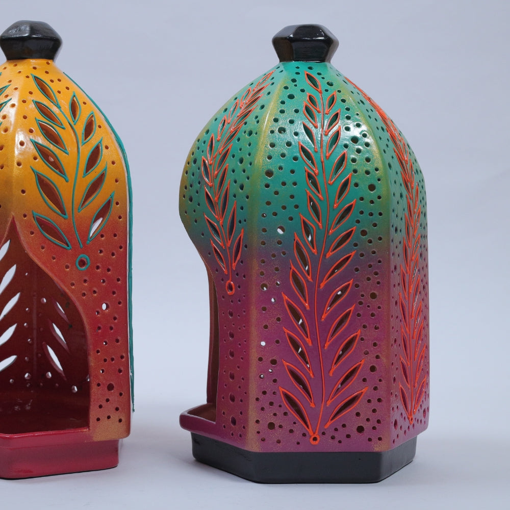 Handcrafted Terracotta Lamp House with Leaf Cutwork and Warm Glow