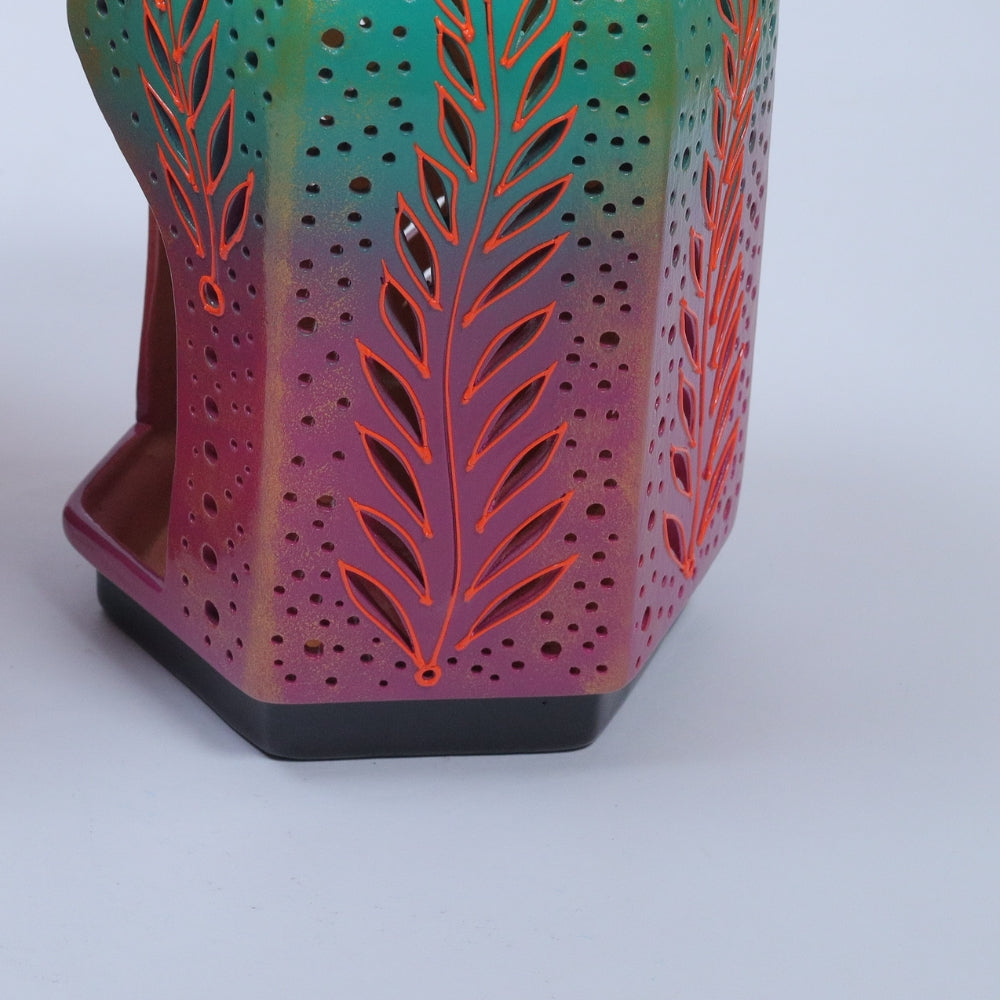 Handcrafted Terracotta Lamp House with Leaf Cutwork and Warm Glow