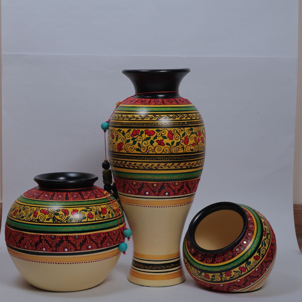 Handcrafted Tribal Artwork Pot Set in Vibrant Multicolor Terracotta Finish
