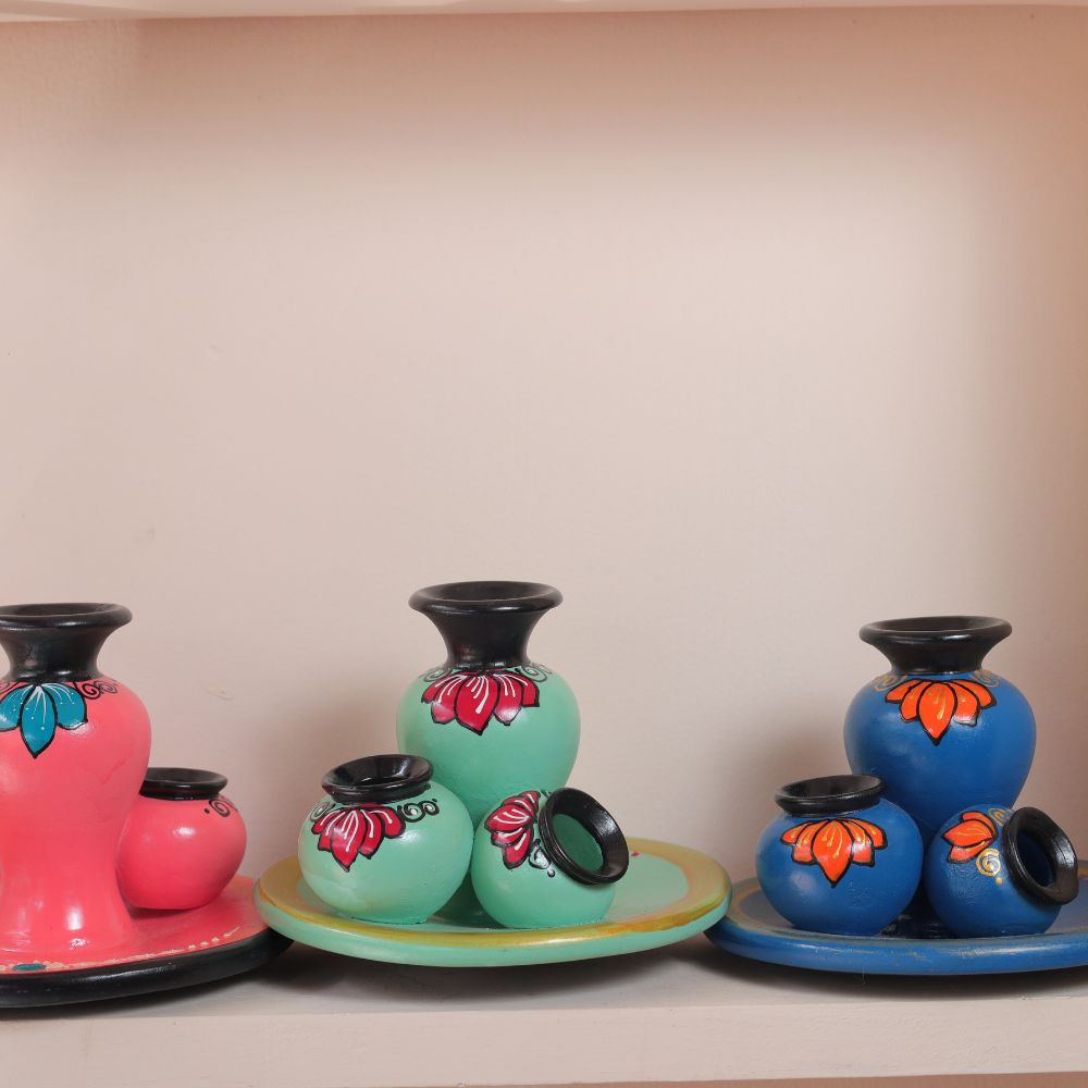Hand-Painted Mini Pot Plate Set in Bright Multicolor Terracotta