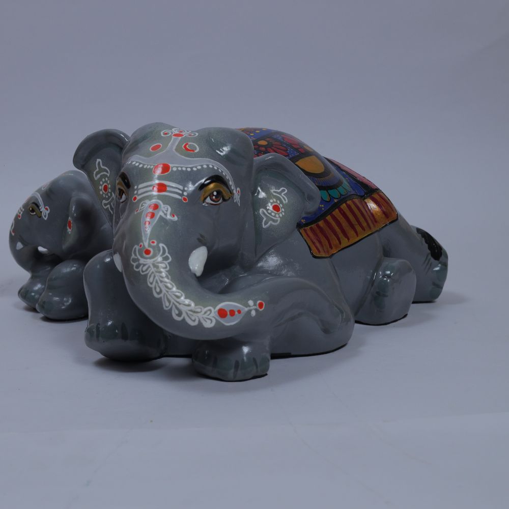 Handcrafted Painted Elephant With Calves Terracotta Figurine For Home Decor