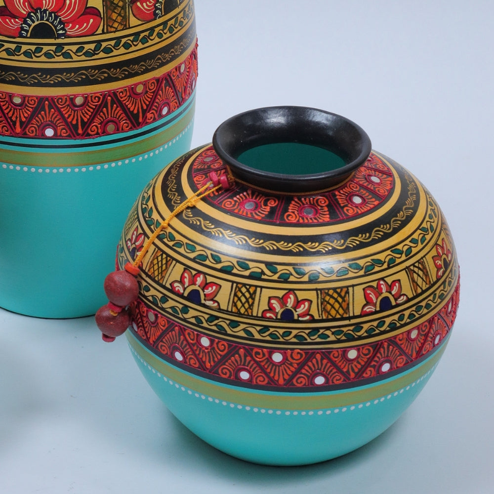 Hand-Painted Terracotta Pot Set with Floral Motifs and Beaded Accents