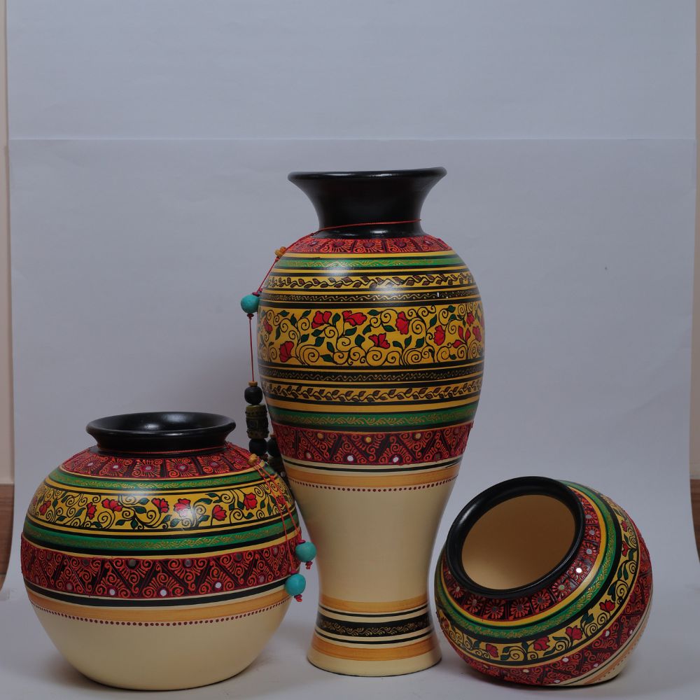 Handcrafted Tribal Artwork Pot Set in Vibrant Multicolor Terracotta Finish