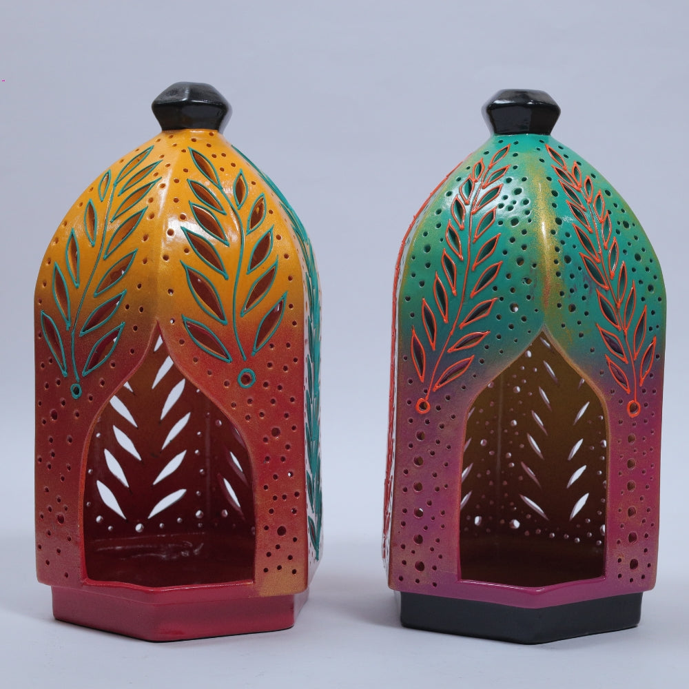 Handcrafted Terracotta Lamp House with Leaf Cutwork and Warm Glow