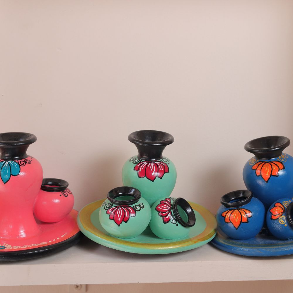 Hand-Painted Mini Pot Plate Set in Bright Multicolor Terracotta