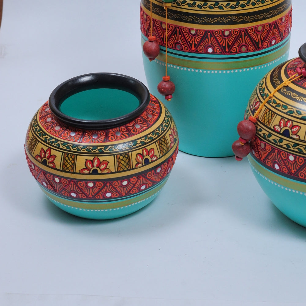Hand-Painted Terracotta Pot Set with Floral Motifs and Beaded Accents
